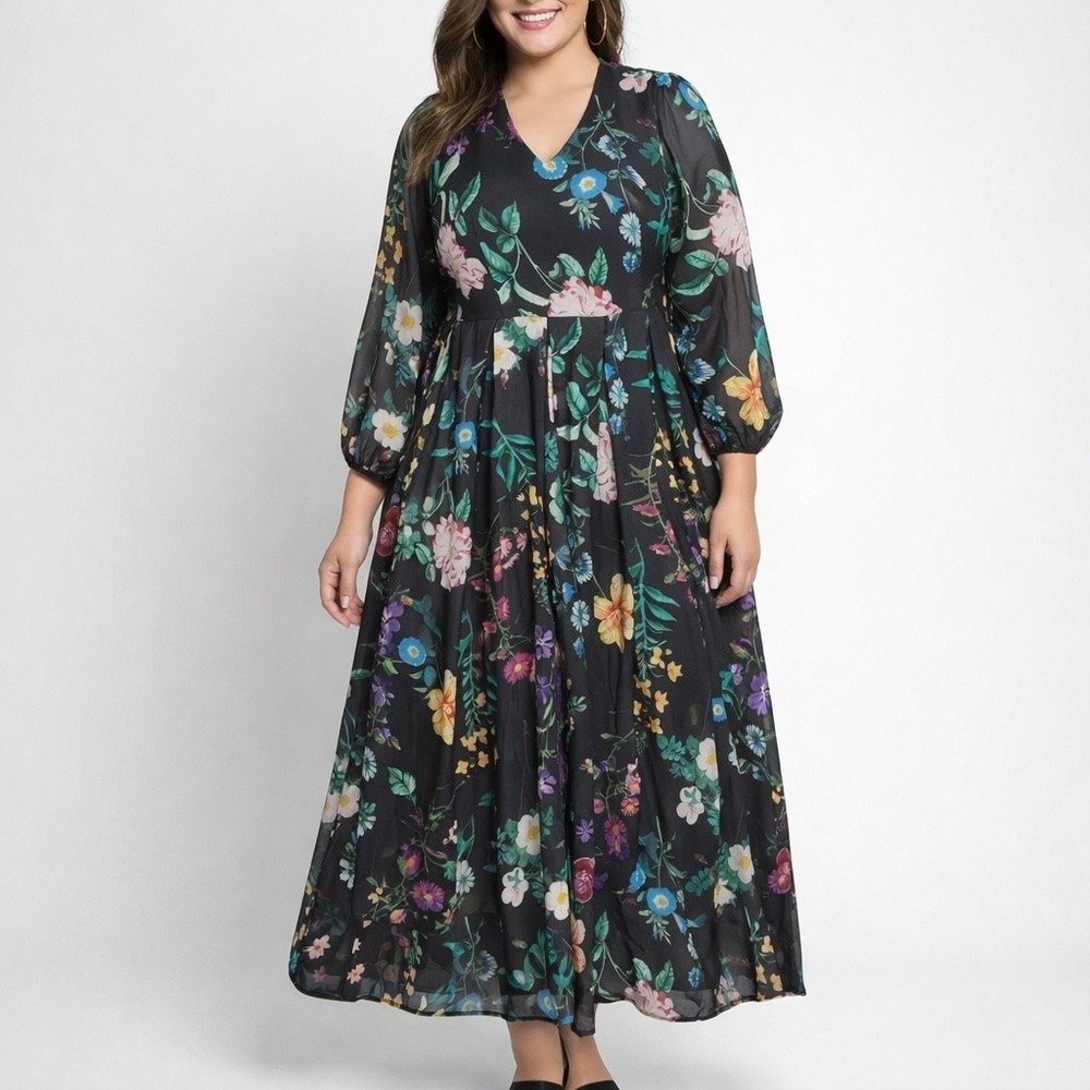 Toleen Floral Maxi Dress Womens 2XL Black Multicolor Wedding Guest Party Evening